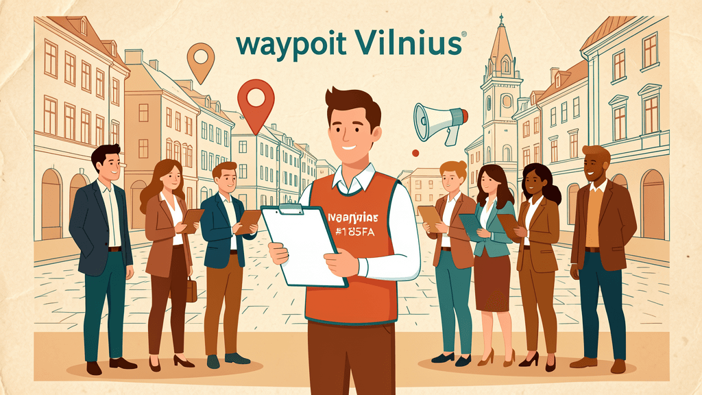 Illustration of a facilitator in a branded vest holding a clipboard surrounded by corporate participants in a Vilnius square