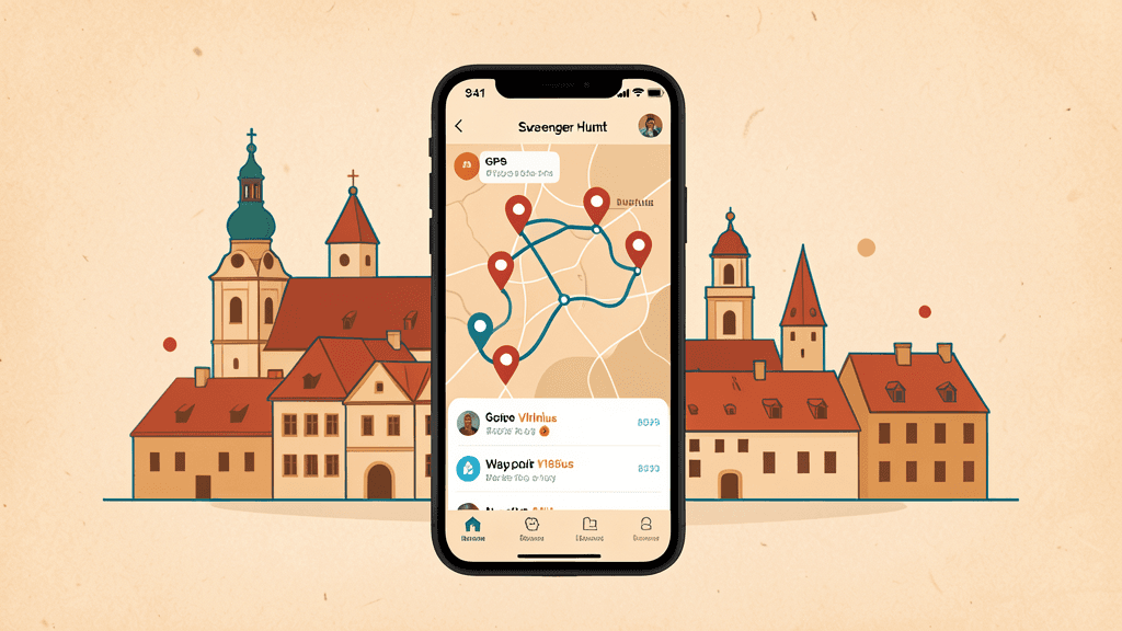 Illustration of a phone displaying a GPS scavenger hunt app with route pins and a live leaderboard against Vilnius skyline