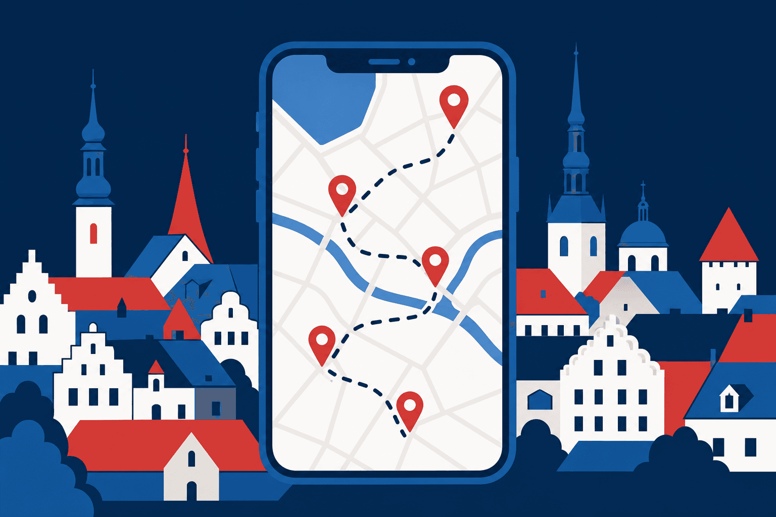 Illustration of a phone showing a live GPS map with route pins, set against Vilnius Old Town rooftops