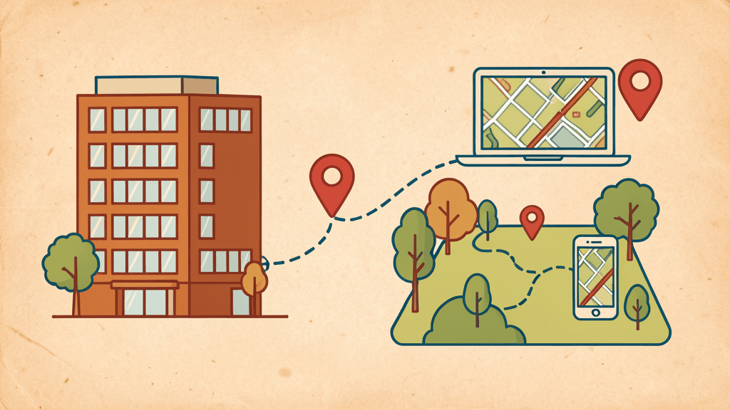 Illustration of a modern office building connected to a park by a dashed route with map pins, laptop and phone showing the same hunt map