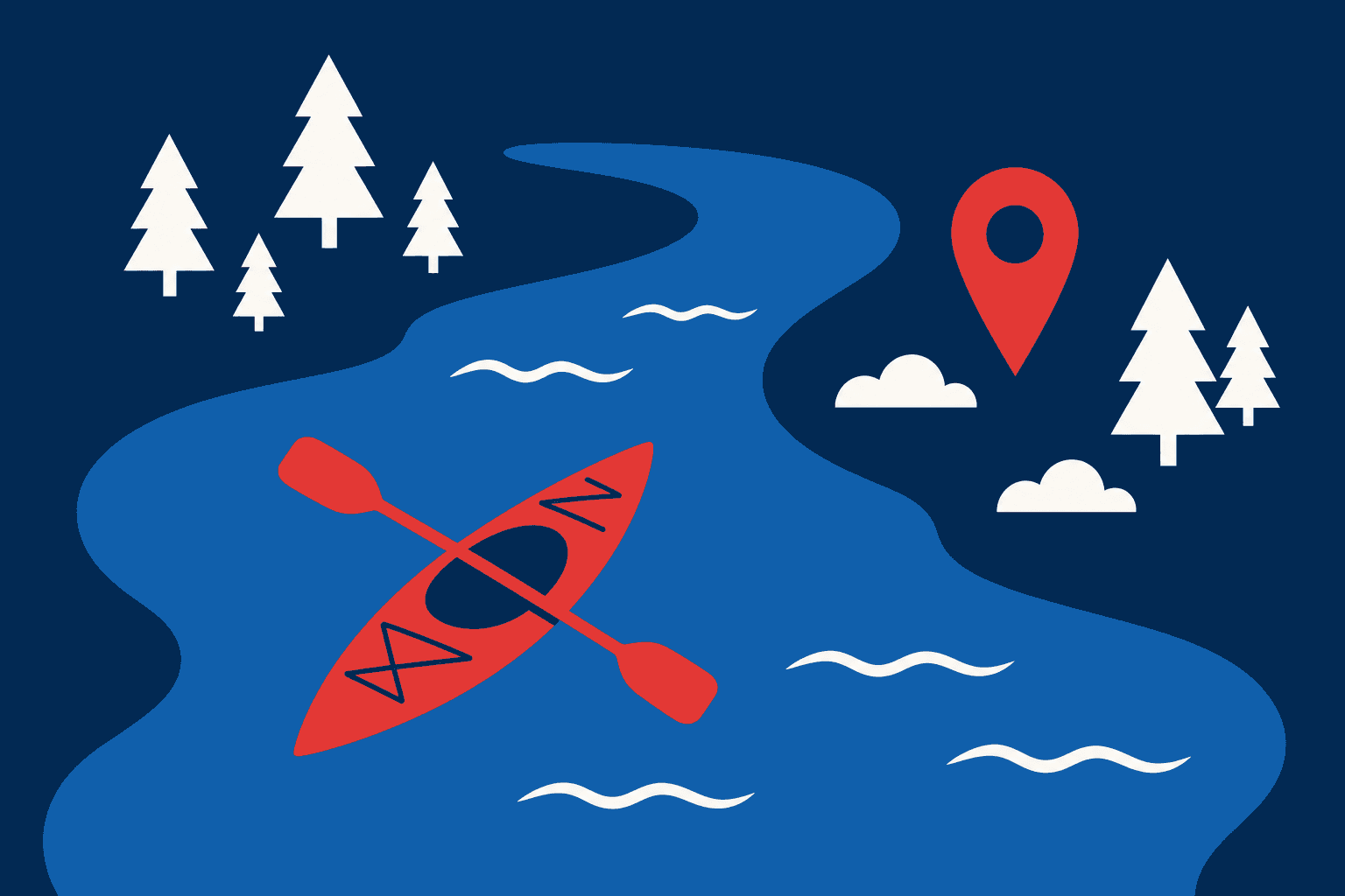Illustration of a kayak and paddle on a winding river