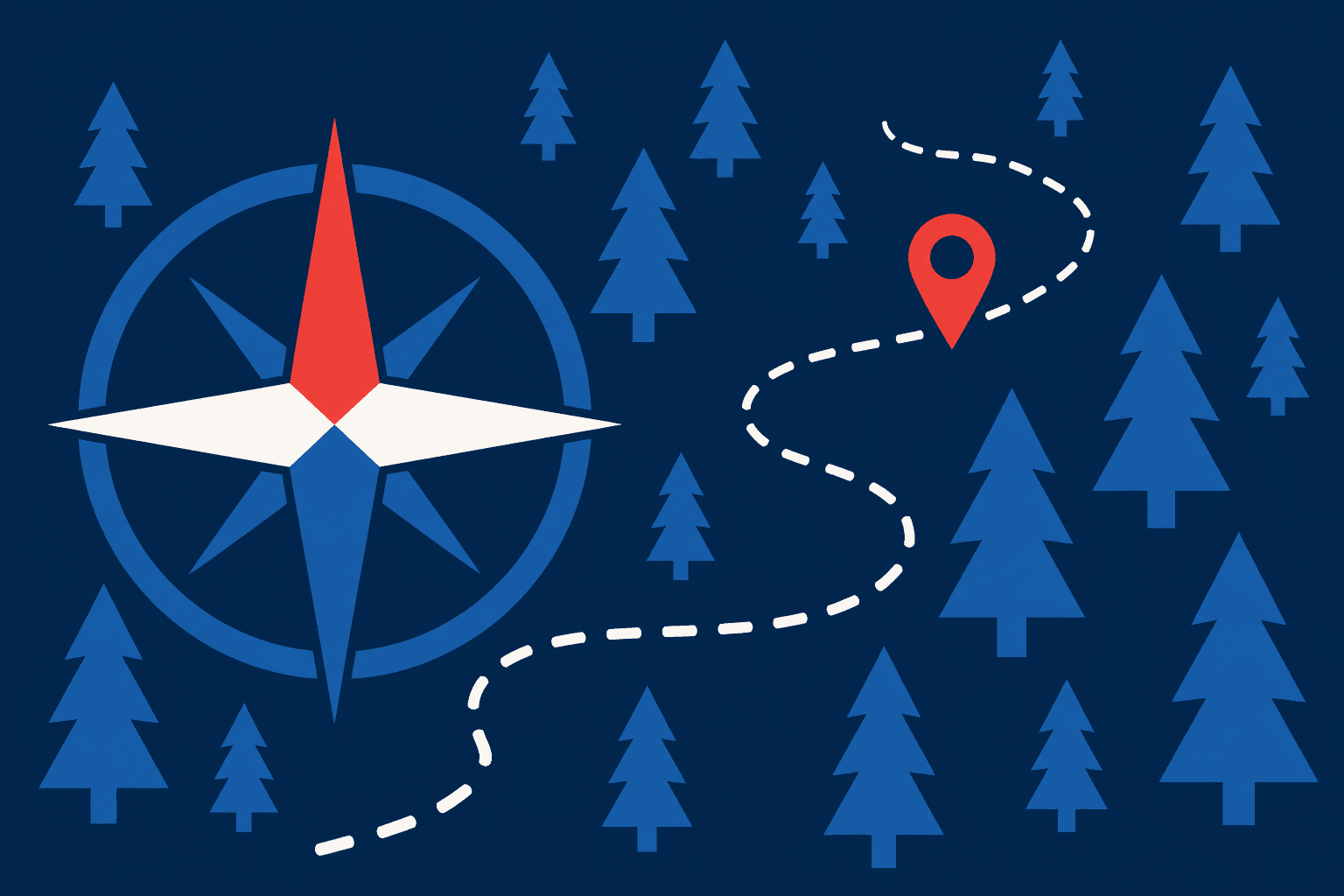 Illustration of a compass and a winding trail through forest trees