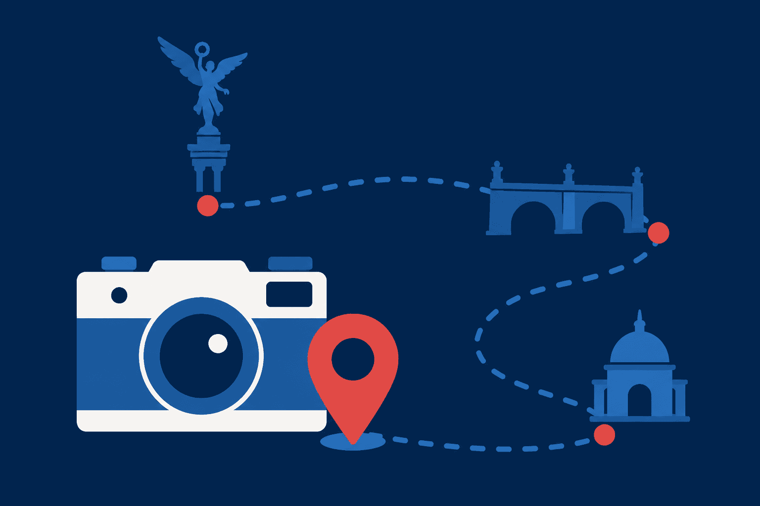 Illustration of a camera and map pin with a dashed route connecting Užupis landmarks
