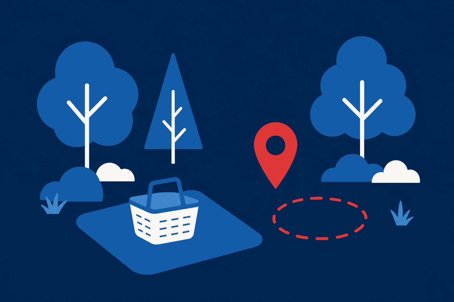 Illustration of a picnic blanket with a basket under trees, next to a map pin and lawn game marker