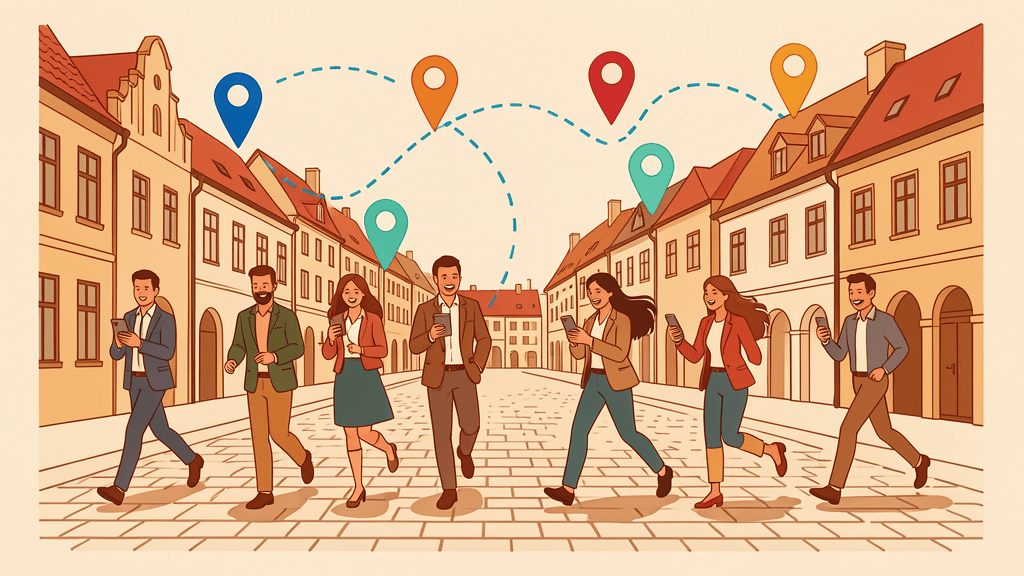 Illustration of a corporate team running through Vilnius Old Town looking at phones, with a dashed route connecting map pins