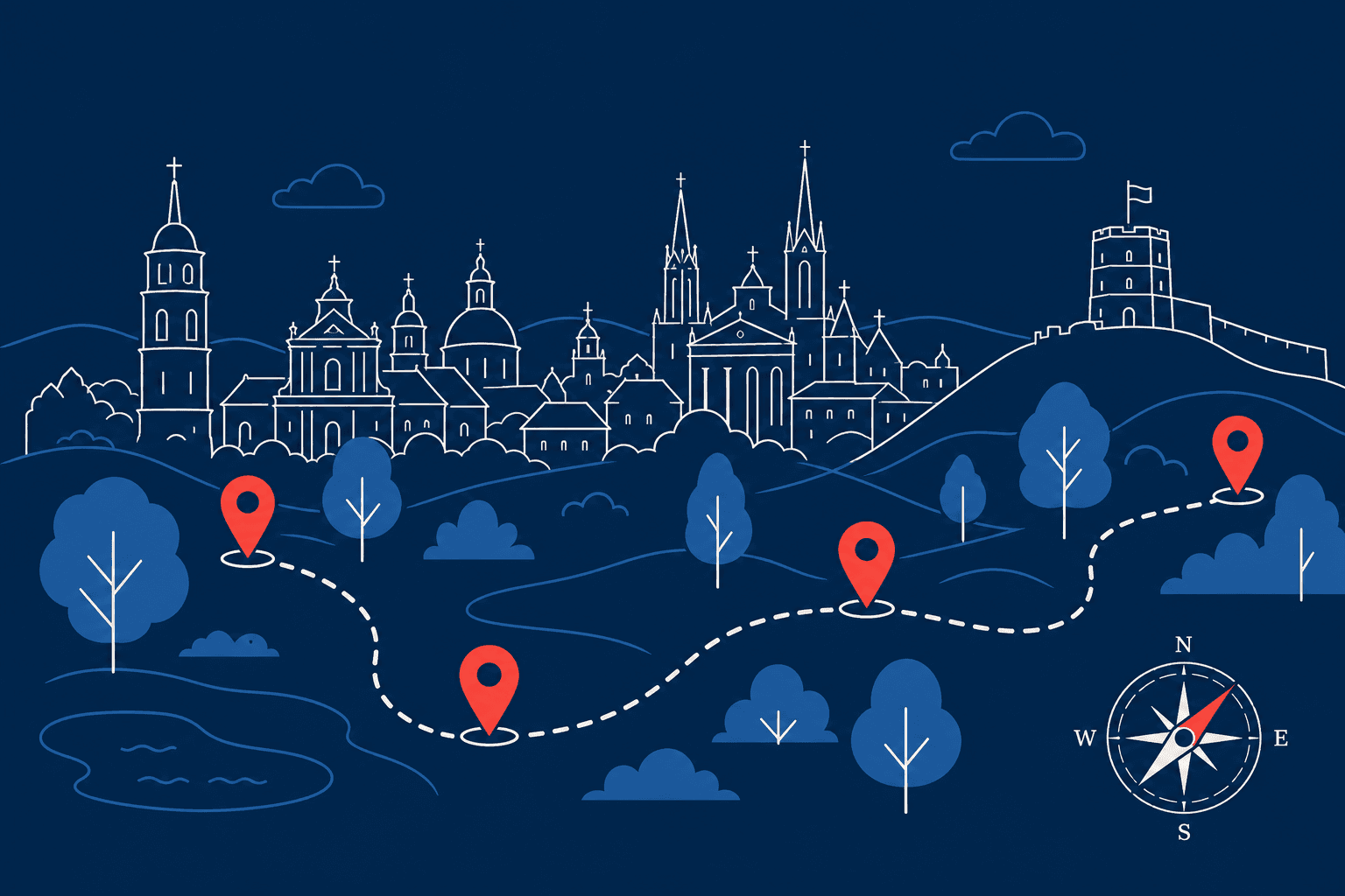Illustrated map of Vilnius Old Town with a dashed route connecting map pins through parks and landmarks